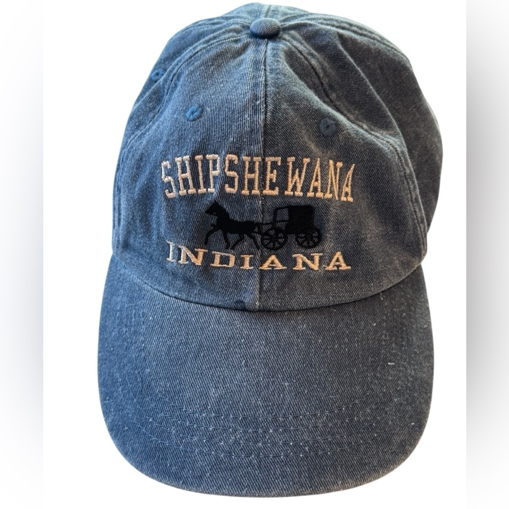 Vintage Embroidered Denim Blue Cotton Strapback Hat Amish Shipshewana Indiana